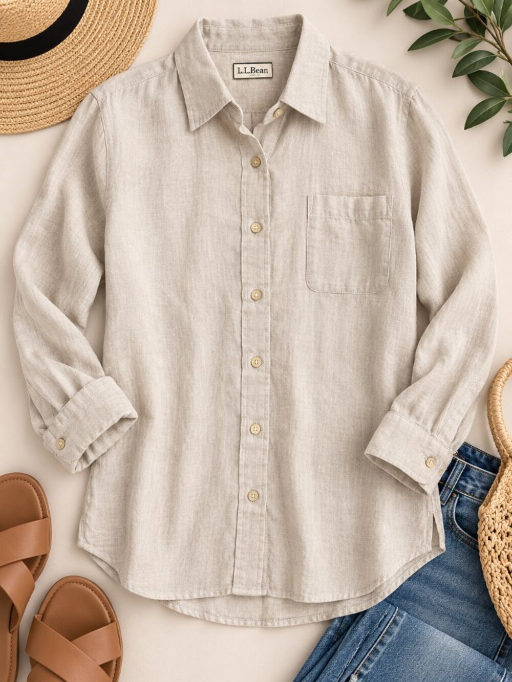L.L.Bean 100% Linen Button Down Shirt Women’s L Natural Beige Long Sleeve Coasta